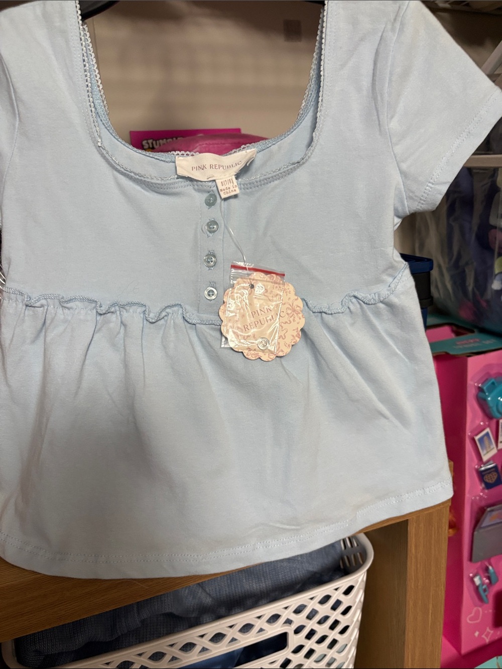 Pink Republic Light Blue Girls' Short Sleeve Peplum Top with Buttons